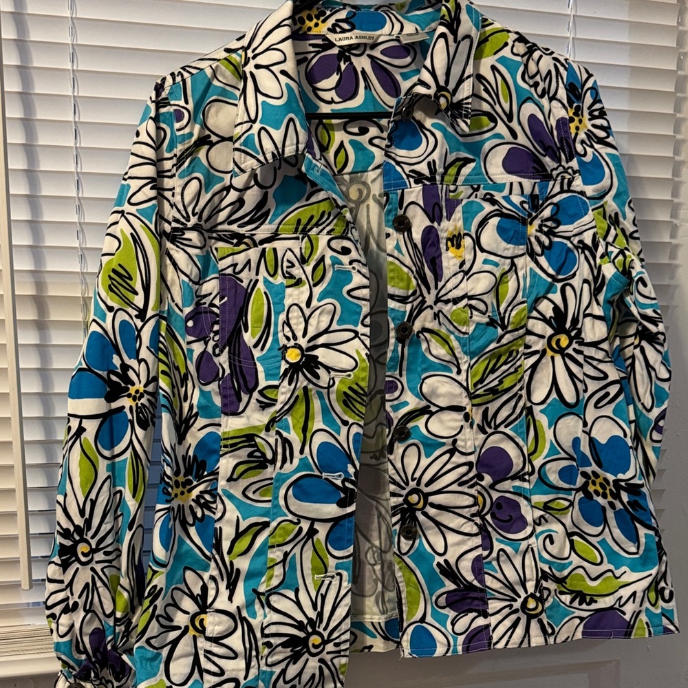 Laura Ashley Floral Button-Up Jacket in Blue, Green, Purple